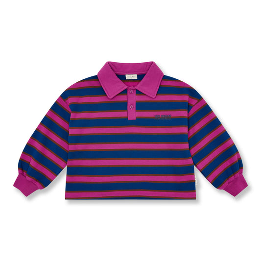 Paars en marine gestreepte kindersweater met polo kraagje en wijd model van petit blush
