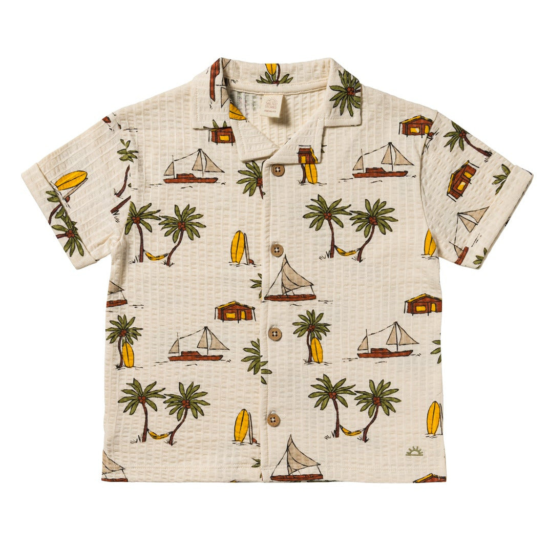 ecru kinderhemd met palm strand print van salted stories
