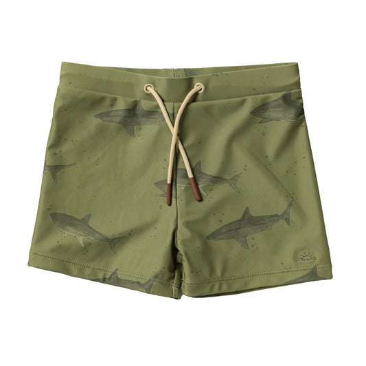 kaki groene zwemshort met haaien van salted stories