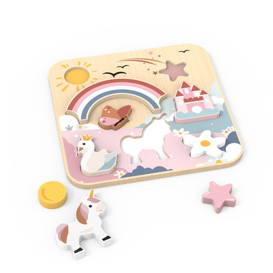 Houten eenhoorn puzzel met dikke stukken.