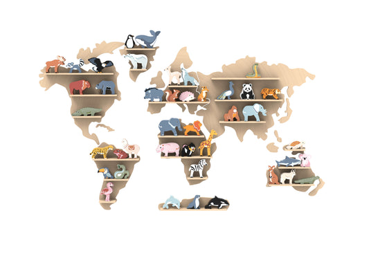 Houten dieren en wereldkaart voor kinderen.