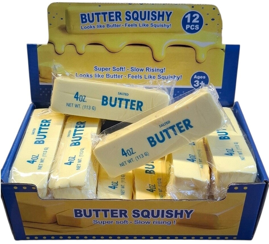 Butter squishy in de vorm van een pakje boter, zacht knijpspeeltje voor kinderen.