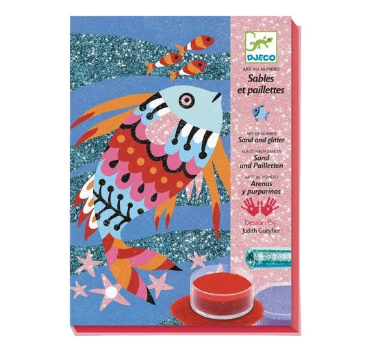 crea-kit met zand en glitter om kleurrijke vissen te maken van djeco