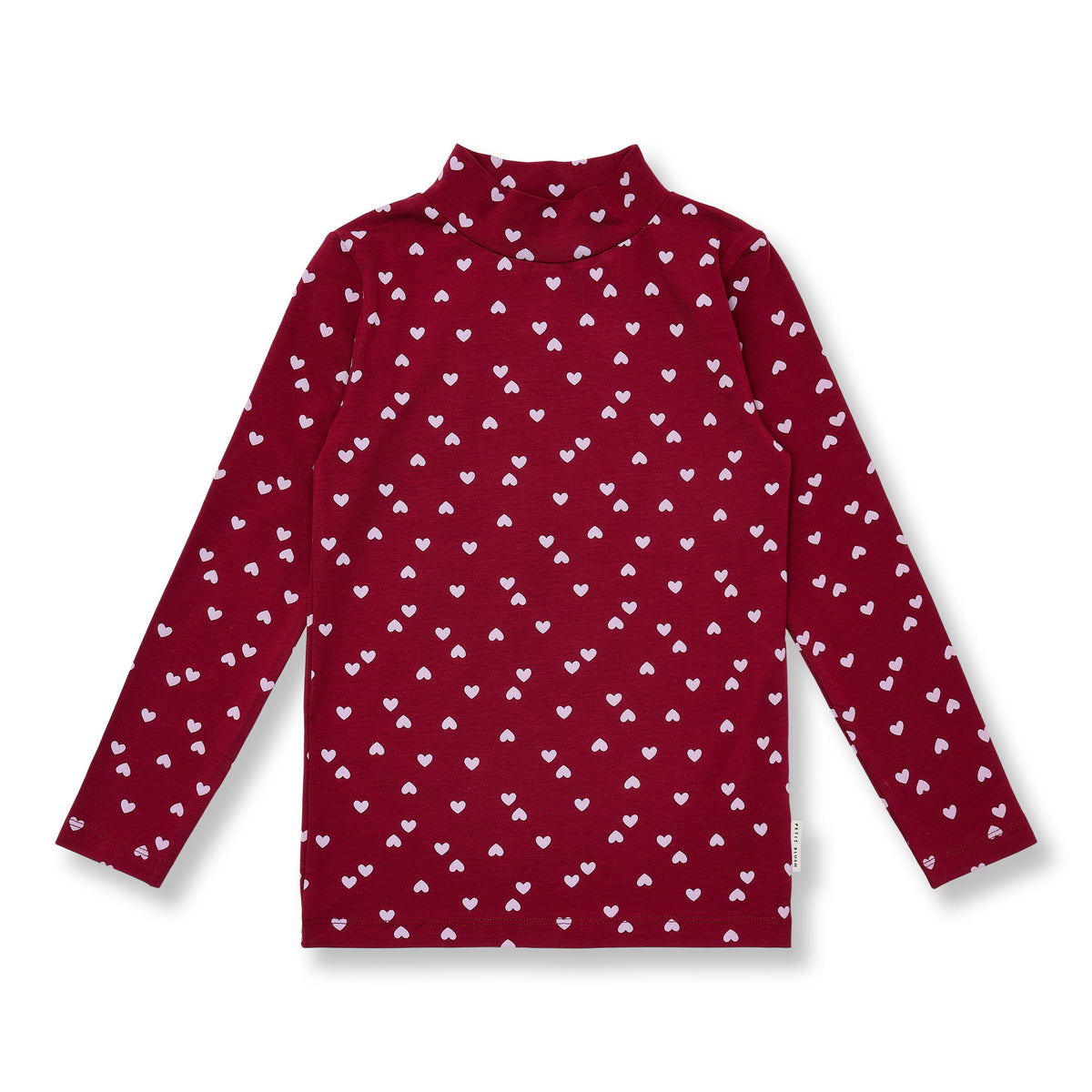 Bordeaux kinder shirt met lange mouwen, colkraag en lila hartjesprint van petit blush
