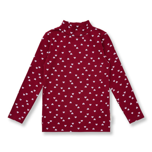 Bordeaux kinder shirt met lange mouwen, colkraag en lila hartjesprint van petit blush