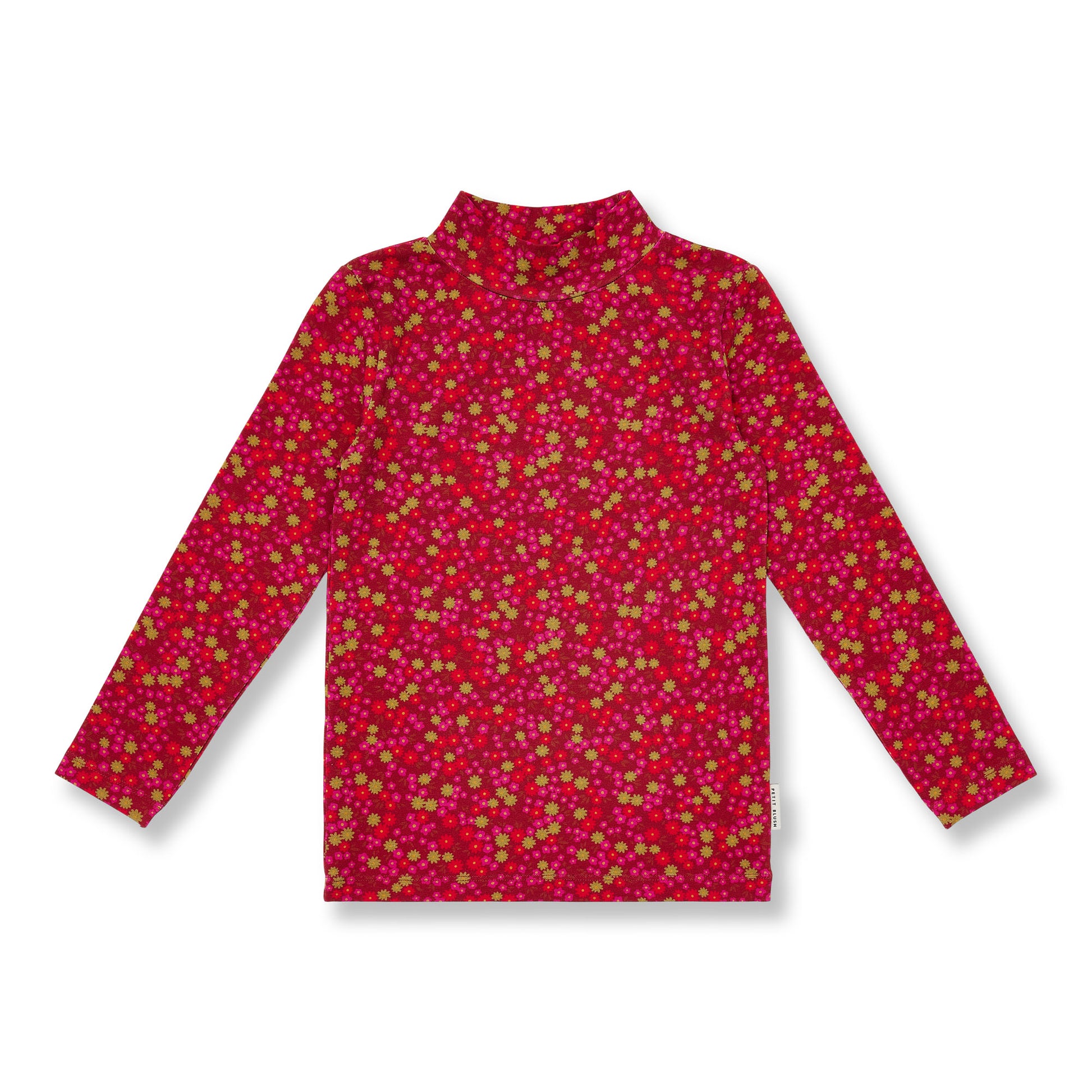 Bordeaux kinder shirt met lange mouwen, colkraag en bloemenprint in khaki, roze en rode tinten van petit blush