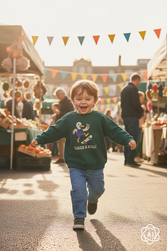 Peuter jongen draagt groene sweater Valin met quack & roll print op een stoere jeans Silvio van the New 