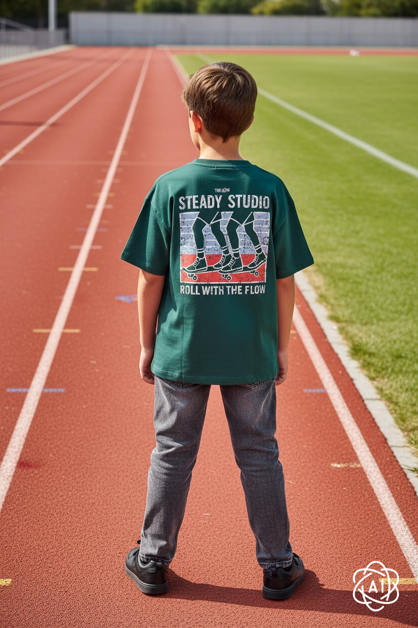 Jongen draagt groene Tshirt verner met sportieve print op rugzijde van the new