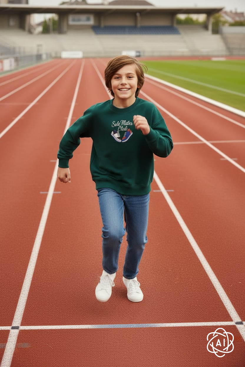 Jongen draagt donkergroene sweater met sportieve print. 