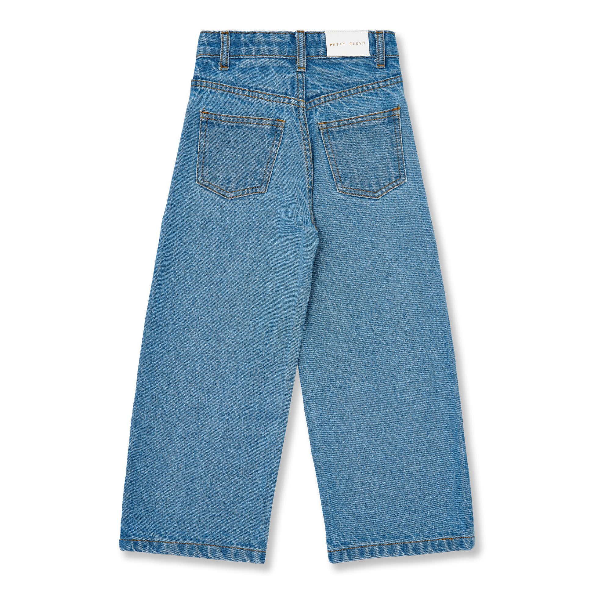 Wide leg kinderjeans in mid blue met wijde pijpen en contrasterende zijnaden achterzijde