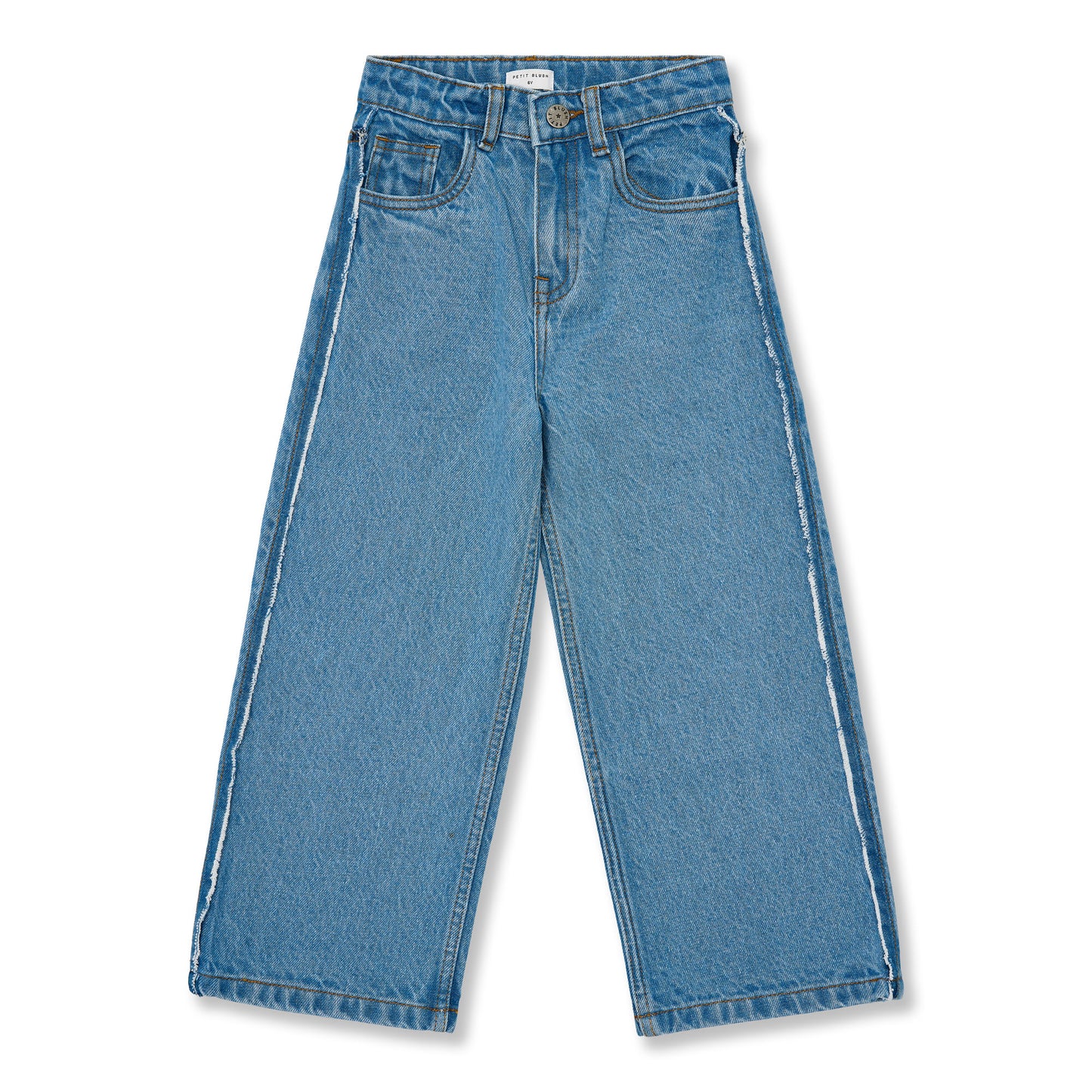 Wide leg kinderjeans in mid blue met wijde pijpen en contrasterende zijnaden.