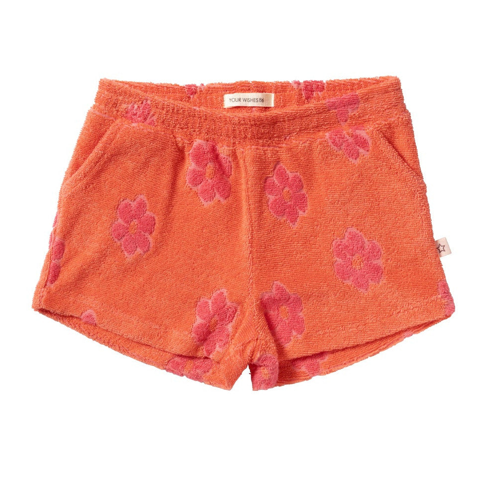 koraalroze kindershort in badstof met bloemen van your wishes