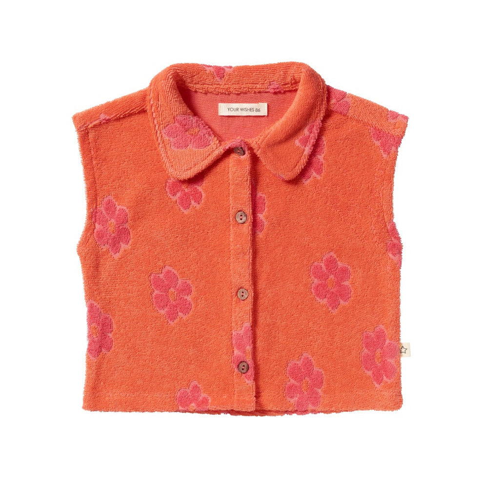 koraalroze shirt in badstof voor kinderen met bloemen en kraagje van your wishes