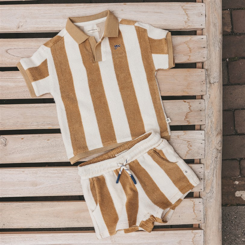 co-ord badstof kinderset met short en polo met ecru strepen van your wishes