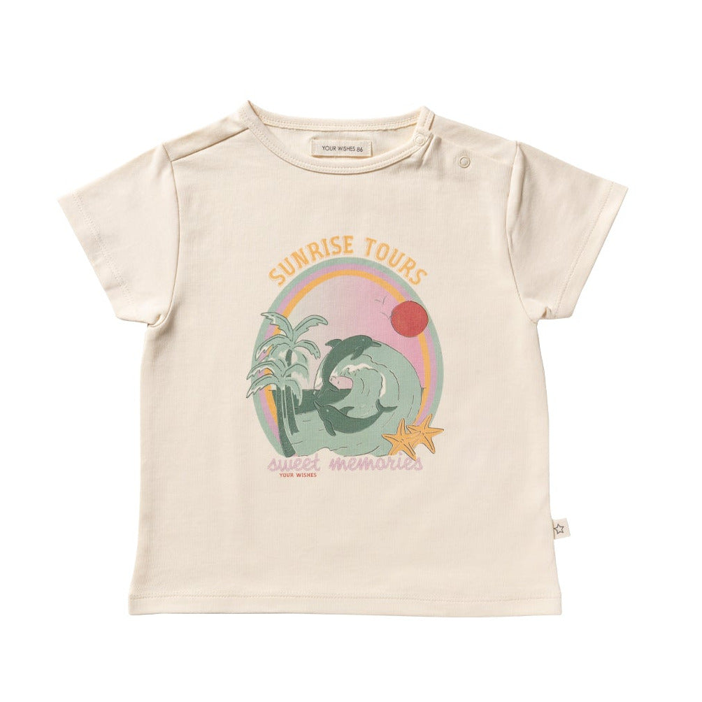 ecru tshirt met opdruk dolfijnen en tekst sunrise tours, sweet memories van your wishes
