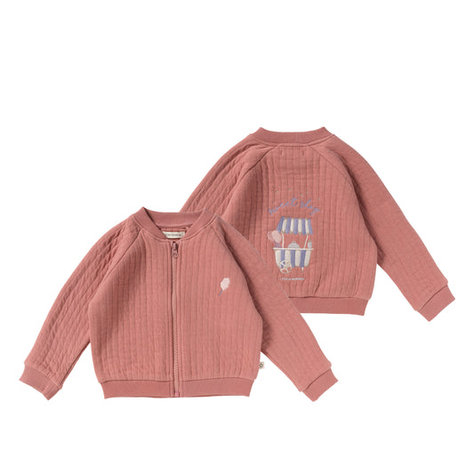 oudroze bomber jas met geborduurde snoepkar op de rugzijde van your wishes