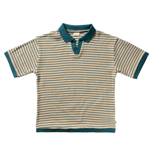 casual polo warp met strepen in petrol en beige