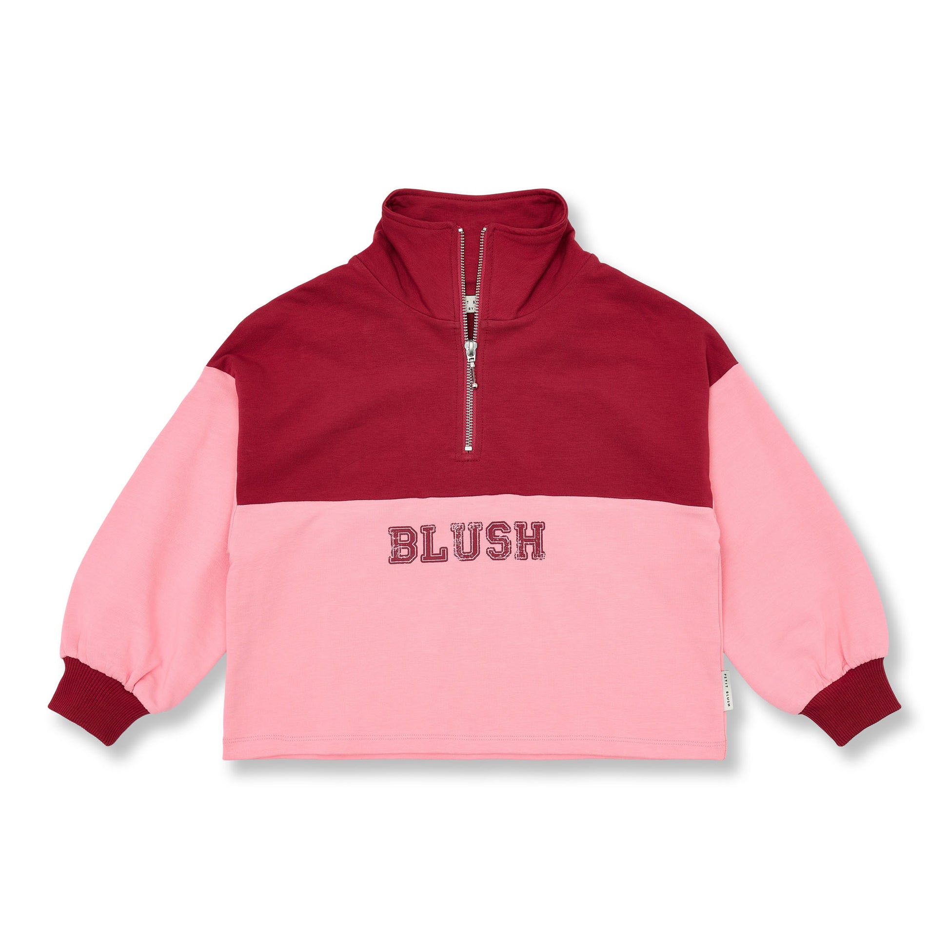 Bordeaux roze colorblock kindersweater met korte rits aan de voorkant van petit blush