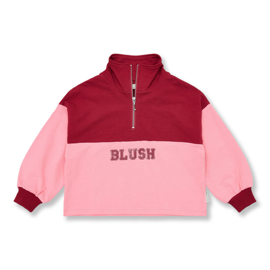 Bordeaux roze colorblock kindersweater met korte rits aan de voorkant van petit blush