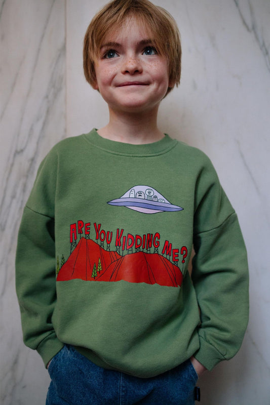 Groene jongenssweater van Daily Brat met berglandschap en UFO.