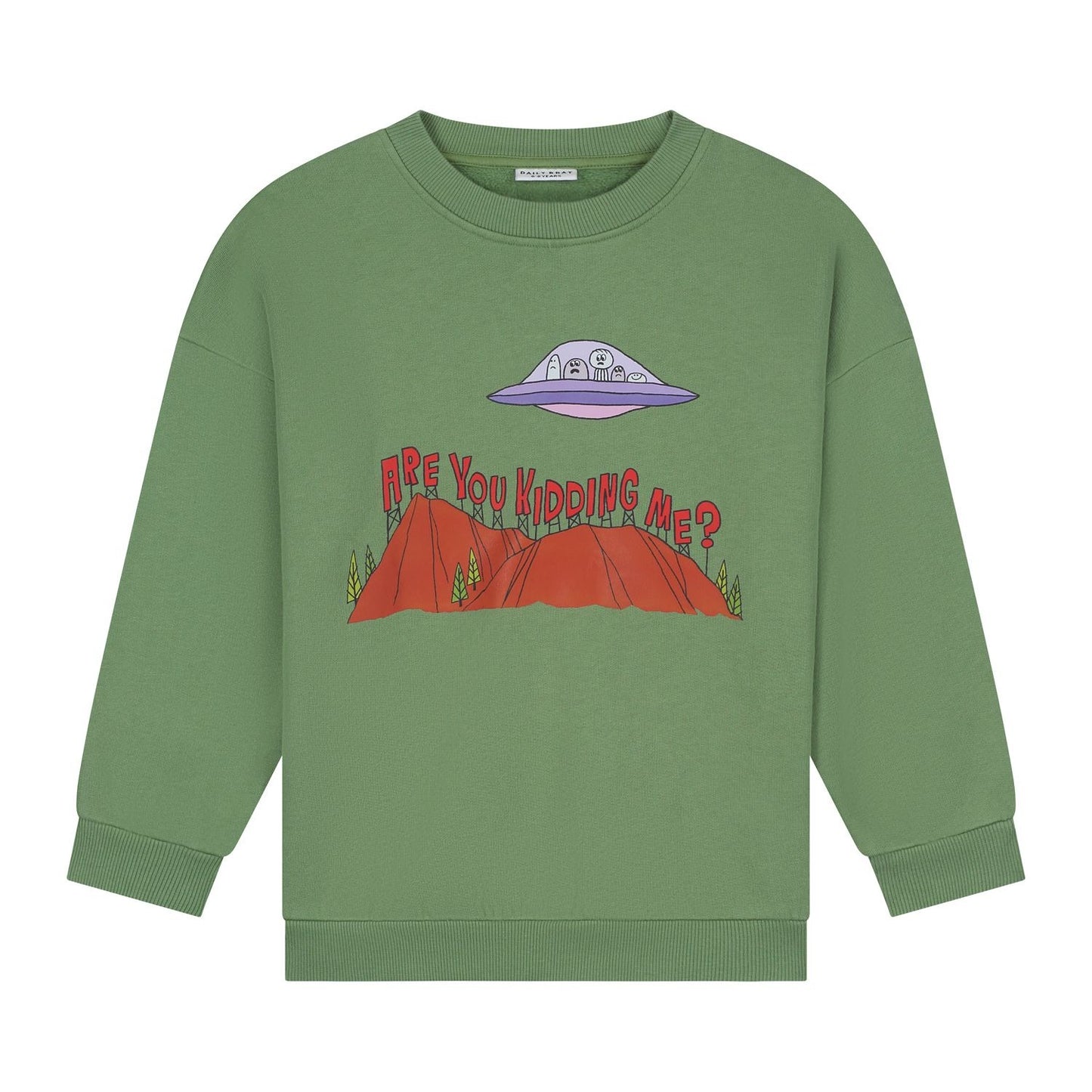Groene sweater met UFO-print en tekst Are You Kidding Me.