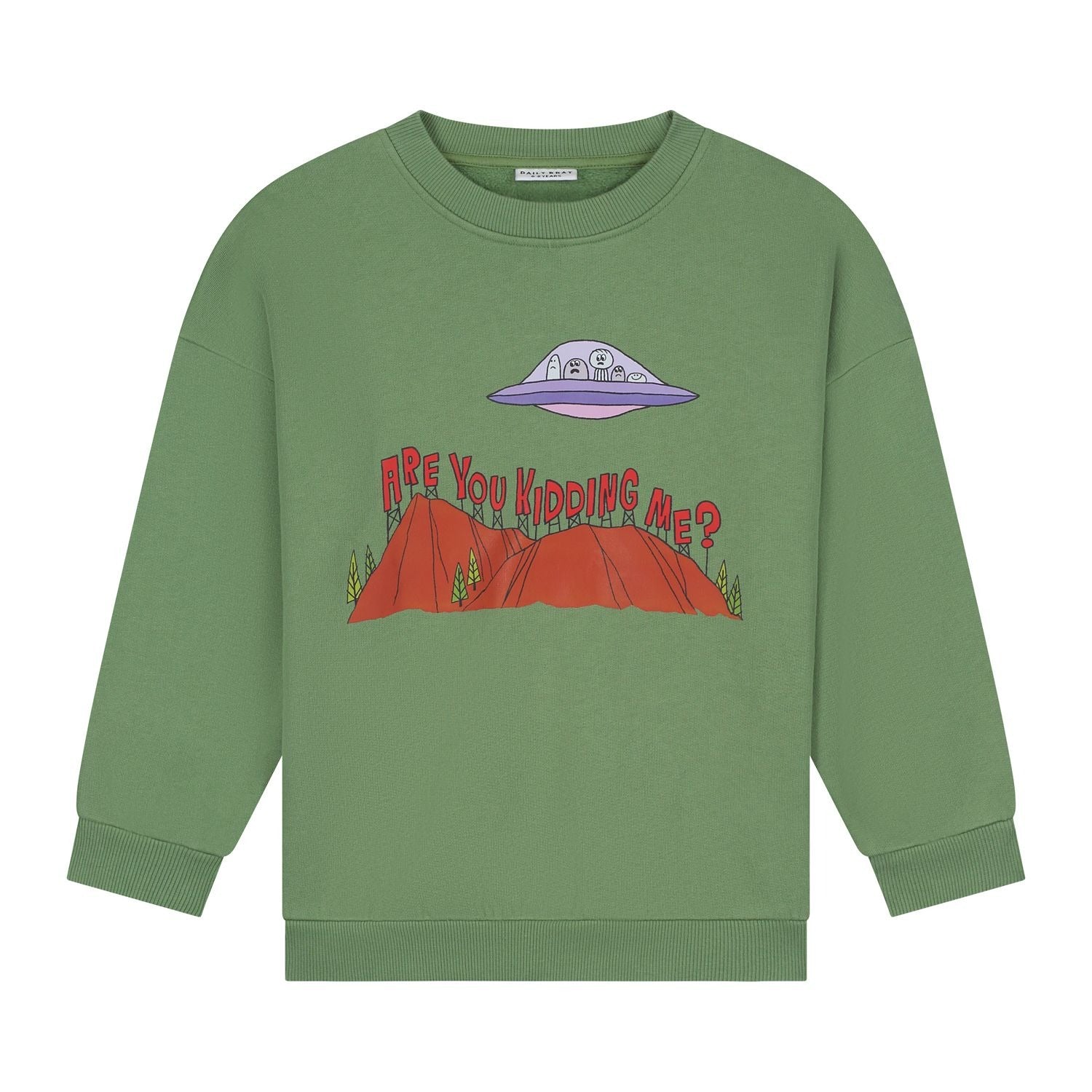 Groene sweater met UFO-print en tekst Are You Kidding Me.