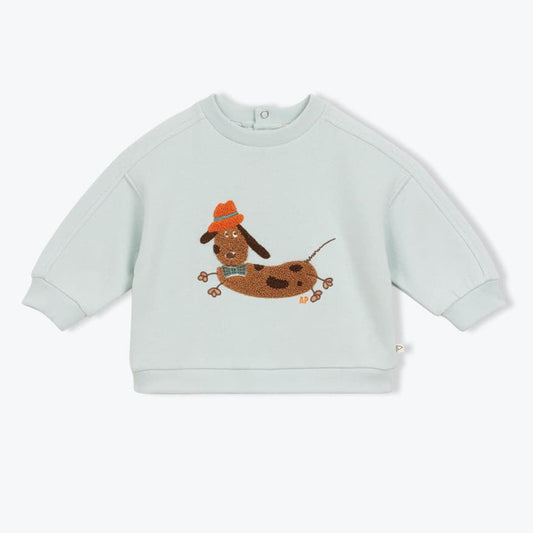 Lichtblauwe babysweater voor jongens met teckel flock patch.