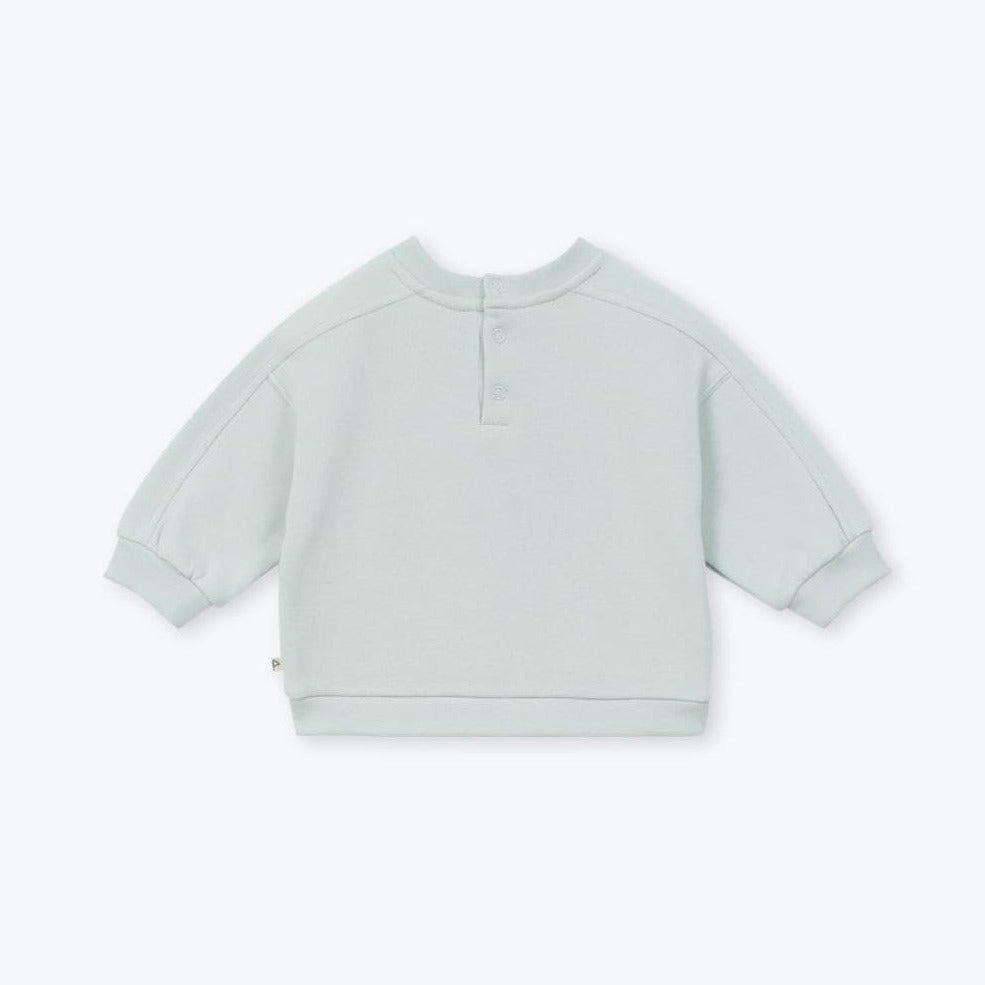 Achterzijde van de lichtblauwe baby jongens sweater zonder patch.