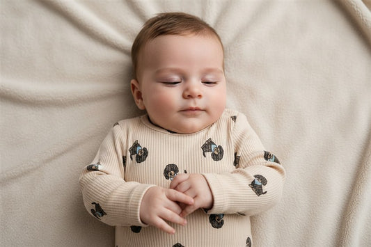 Kind draagt ecru shirt met hondjes
