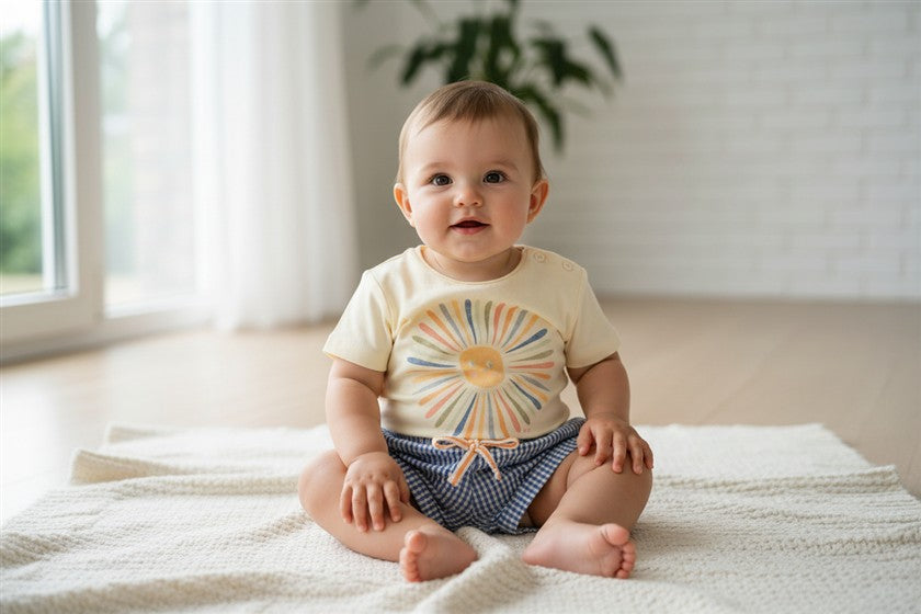 Baby draagt tshirt flower