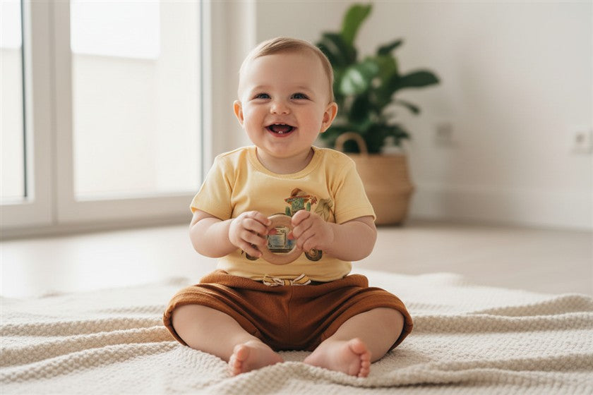 Baby jongen draagt de zachtgele tshirt met surftruck en bruine kindershort