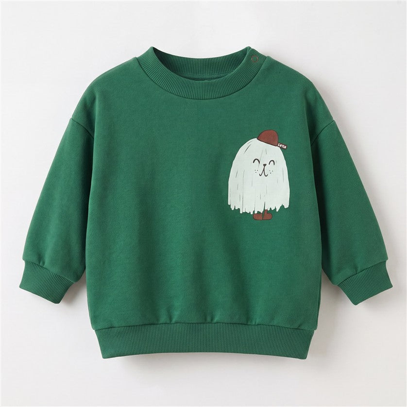 Donkergroene baby sweater met klein monster op de voorkant.