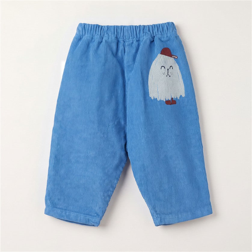 Babybroek van ribfluweel in kobaltblauw met wide leg.