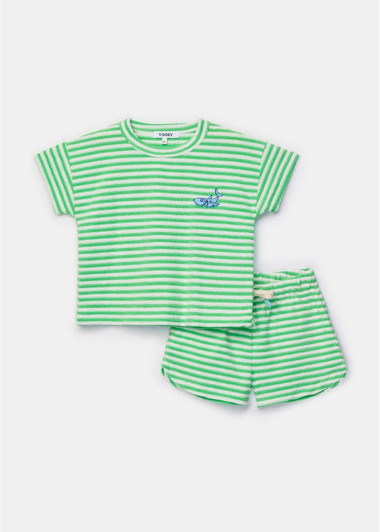 Beach set tshirt+short groene streep van woody