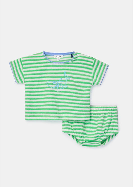 beachwear set tshirt and bloomer groene streep van woody