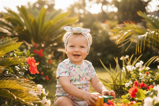 Peuter in tropische romper en haarband, spelend in een zonnige tuin