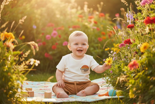 Babyjongen in golden hour t-shirt en amber muslin shorts in een kleurrijke zomertuin 