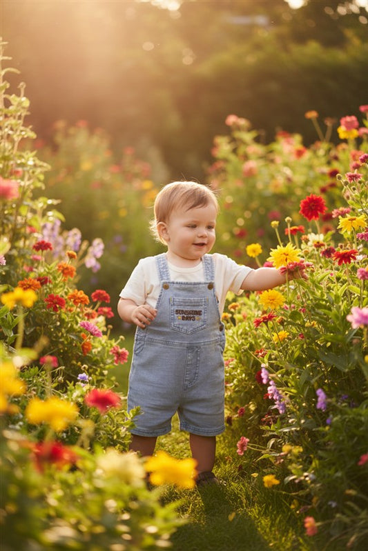 Rechtstaande babyjongen in wit tshirt golden hour en lichte denim short salopette in een kleurrijke zomertuin