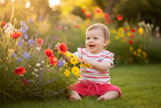 Babymeisje in tshirt striped blush en short terry strawberry pink in een kleurrijke zomertuin