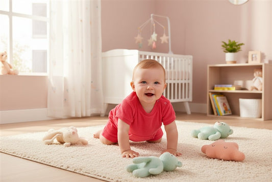 Baby in strawberry pink terry t-shirt en shorts in een lichte kinderkamer