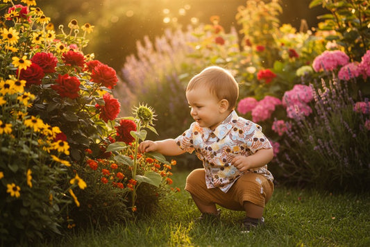 Peuter in Hawaii shirt en short muslin amber in een kleurrijke zomertuin