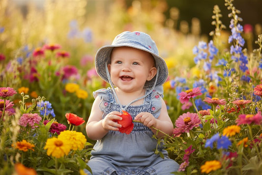 Baby in denim flowers sunhat en salopette tussen de tuinbloemen