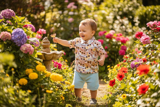 Peuter jongen in Hawaii shirt en azure terry shorts spelend in de tuin