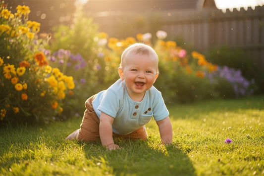 Baby jongen in terry sunglasses t-shirt en amber muslin shorts in de tuin