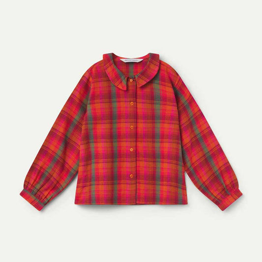 Rode flanellen blouse voor kinderen met groen en bordeaux ruitpatroon.