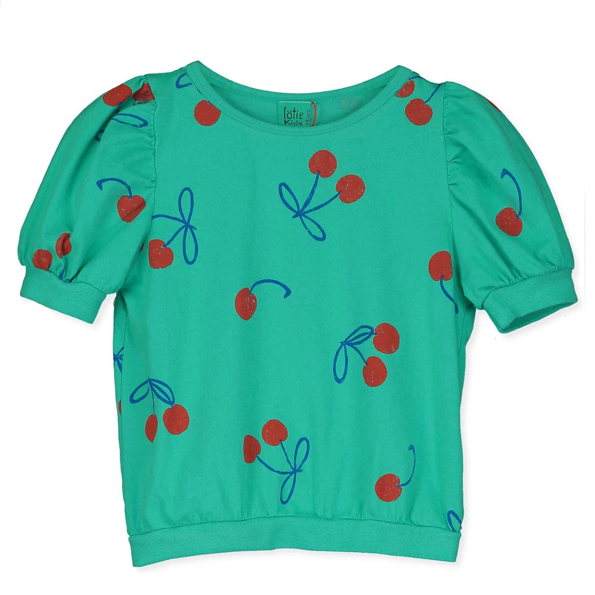 Groen kinder t-shirt met all-over kersenprint en pofmouwen van Lötiekids