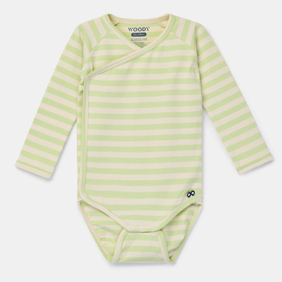 Crème-groen gestreepte newborn romper van Woody