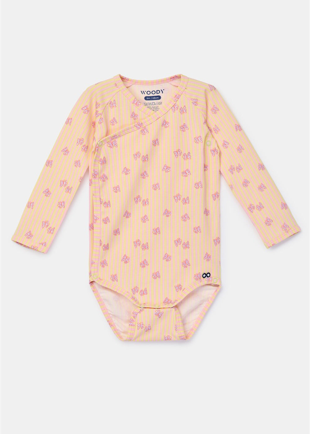 Roze-geel gestreepte newborn romper met glitter vlinders van Woody