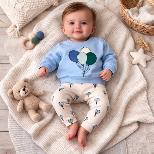 Baby draagt witte legging met ballonnetjes
