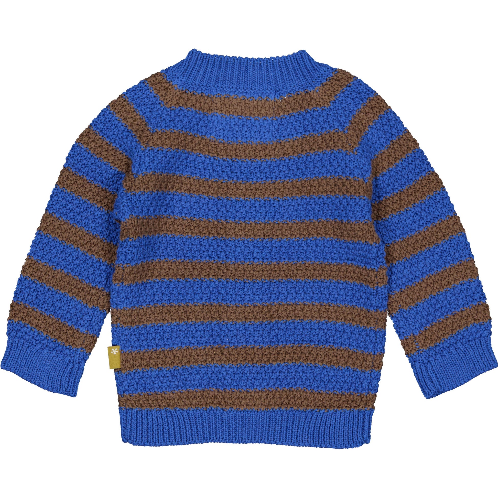 Achterzijde van het gebreide blauw-bruine gestreepte babyvest.
